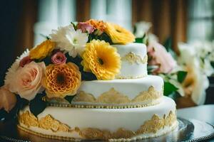 en bröllop kaka med gul och orange blommor. ai-genererad foto