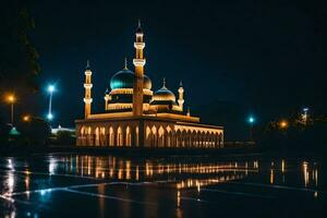 moské på natt med reflektioner i de vatten. ai-genererad foto