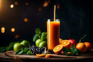 färsk juice i en glas med frukt och grönsaker. ai-genererad foto