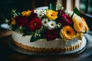 en kaka med blommor på topp av Det. ai-genererad foto