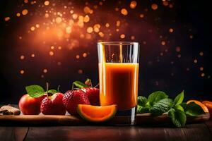 färsk frukt juice i glas på trä- tabell med gnistrande lampor. ai-genererad foto
