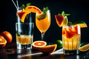 tre glasögon av orange juice med skivor av frukt. ai-genererad foto