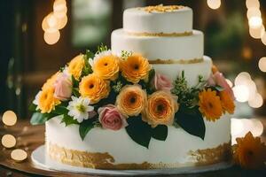 en bröllop kaka med orange och gul blommor. ai-genererad foto