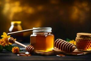 honung och vaxkaka på en trä- tabell. ai-genererad foto