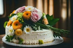 en vit kaka med blommor på topp. ai-genererad foto