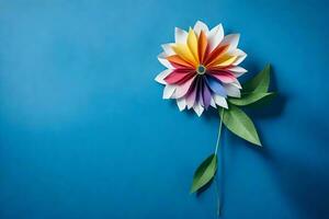en färgrik blomma tillverkad ut av papper på en blå bakgrund. ai-genererad foto
