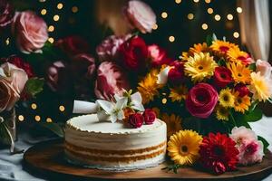 en kaka med blommor på en tabell i främre av en sträng av lampor. ai-genererad foto