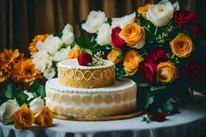 en bröllop kaka med blommor på en tabell. ai-genererad foto