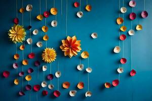 färgrik papper blommor hängande från strängar på en blå vägg. ai-genererad foto