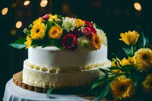 en vit kaka med gul blommor på topp. ai-genererad foto