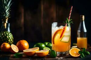 orange juice cocktail med kalk, orange skivor och ananas. ai-genererad foto