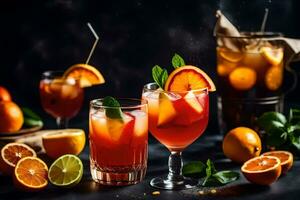 orange och citron- drycker med garneringar på en mörk bakgrund. ai-genererad foto