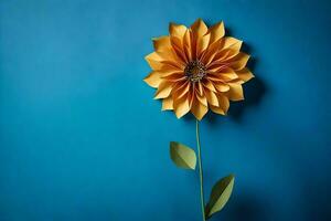 en gul blomma på en blå bakgrund. ai-genererad foto