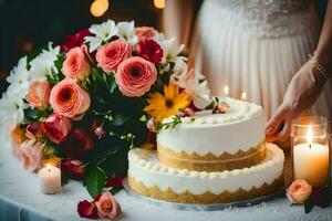 en brud och brudgum skärande en kaka med ljus. ai-genererad foto