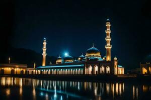 de moské på natt med dess lampor på. ai-genererad foto