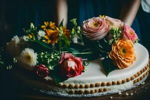 en kvinna är innehav en kaka med blommor. ai-genererad foto