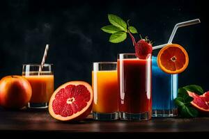 en mängd av juicer och frukt på en mörk bakgrund. ai-genererad foto