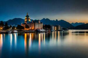 de stad av Luzern, schweiz, på skymning. ai-genererad foto