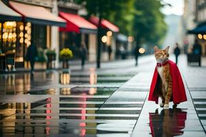 en katt bär en röd cape promenader ner en gata. ai-genererad foto