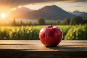 ett äpple sitter på en trä- tabell i främre av en fält. ai-genererad foto