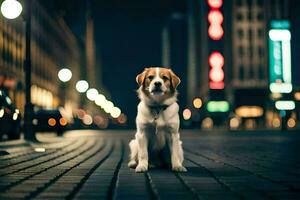 en hund Sammanträde på de gata på natt. ai-genererad foto