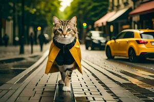 en katt bär en gul regnkappa gående ner en gata. ai-genererad foto