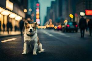 en hund Sammanträde på de gata i de mitten av en stad. ai-genererad foto