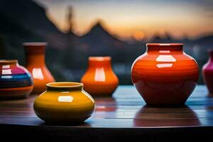 färgrik vaser på en tabell i främre av en solnedgång. ai-genererad foto