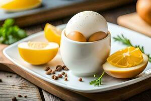 ett ägg i ett ägg kopp med citron- skivor. ai-genererad foto