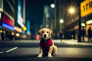 en hund bär en väst sitter på de gata på natt. ai-genererad foto