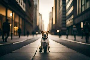 en hund Sammanträde på de gata i en stad. ai-genererad foto