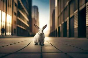 en kanin är stående i de mitten av en stad gata. ai-genererad foto