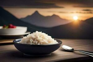 en skål av ris med en berg i de bakgrund. ai-genererad foto