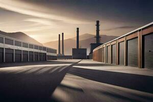 en lång exponering Foto av en fabrik byggnad med bergen i de bakgrund. ai-genererad