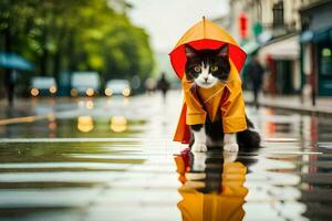 en katt i en regnkappa stående på en våt gata. ai-genererad foto