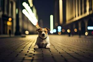 en hund Sammanträde på de gata på natt. ai-genererad foto