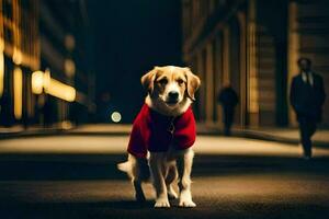 en hund bär en röd täcka i de mitten av en stad. ai-genererad foto