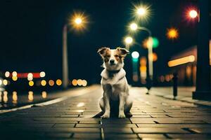 en hund Sammanträde på de trottoar på natt. ai-genererad foto