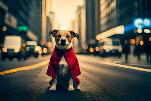 en hund bär en röd cape på de gata. ai-genererad foto