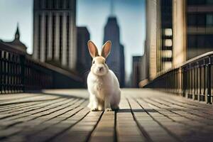 en kanin är stående på en trä- bro i främre av en stad. ai-genererad foto