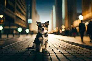 en hund Sammanträde på de gata i en stad. ai-genererad foto