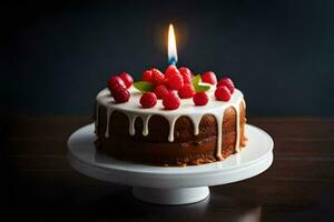 en födelsedag kaka med hallon och en belyst ljus. ai-genererad foto