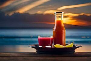 de solnedgång och de flaska av juice. ai-genererad foto