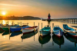båtar dockad på de pir på solnedgång. ai-genererad foto