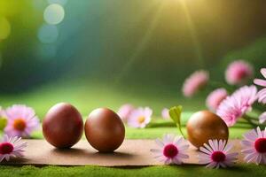 tre ägg är på en grön gräs- fält med daisy och Sol. ai-genererad foto