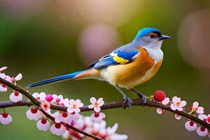 en blå och gul fågel sitter på en gren med rosa blommor. ai-genererad foto