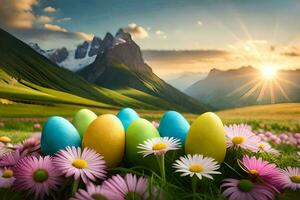 påsk ägg i de äng, blommor, berg, soluppgång, blommor, blommor, blommor. ai-genererad foto