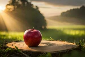 en röd äpple på en stubbe i de mitten av en fält. ai-genererad foto