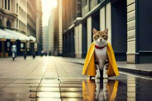 en katt bär en gul cape på en stad gata. ai-genererad foto