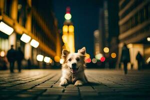 en hund Sammanträde på de jord i främre av en stad på natt. ai-genererad foto